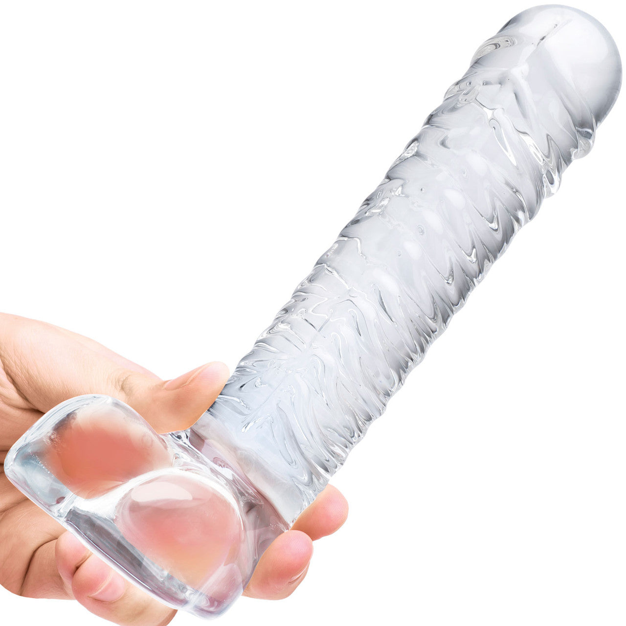 Gläs 8 Realistic Ribbed Glass Dildo With Balls - Clear