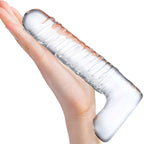 Gläs 8 Realistic Ribbed Glass Dildo With Balls - Clear