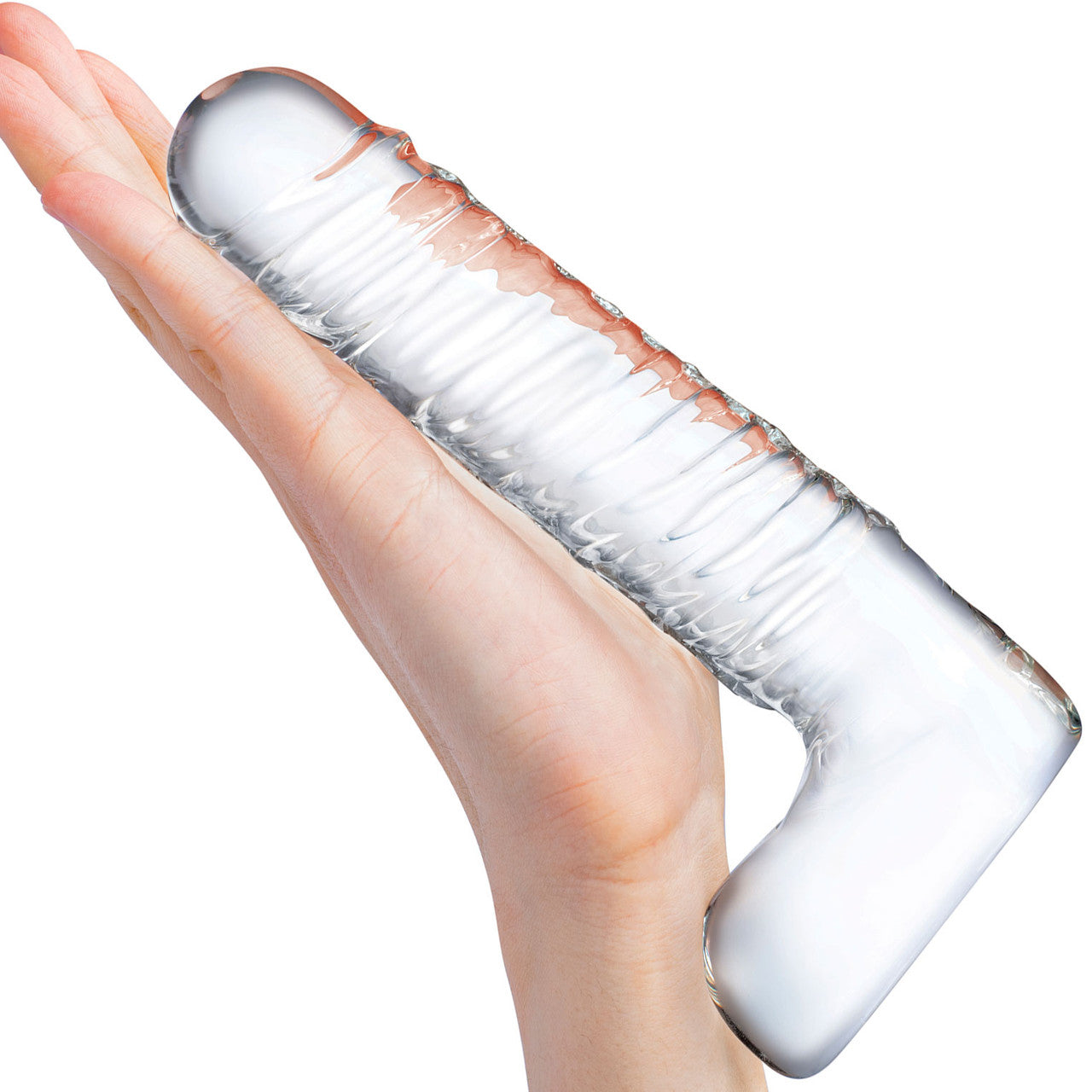 Gläs 8 Realistic Ribbed Glass Dildo With Balls - Clear