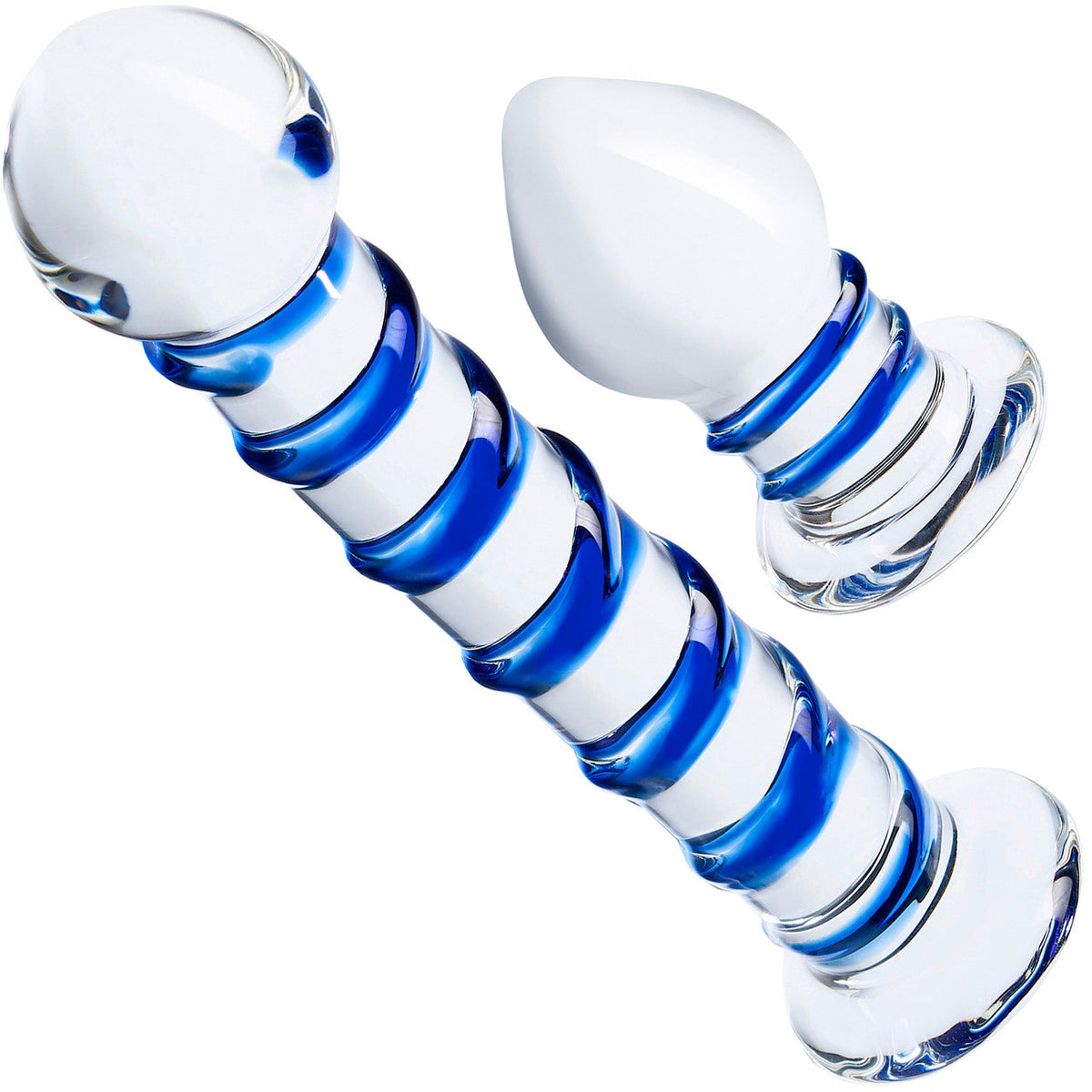 Glas 7.5 Inch and 3 Inch 2pc Double Penetration Blue and Clear Swirly Glass Dildo and Buttplug Set > Glass > Dildos
