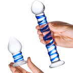 Glas 7.5 Inch and 3 Inch 2pc Double Penetration Blue and Clear Swirly Glass Dildo and Buttplug Set > Glass > Dildos
