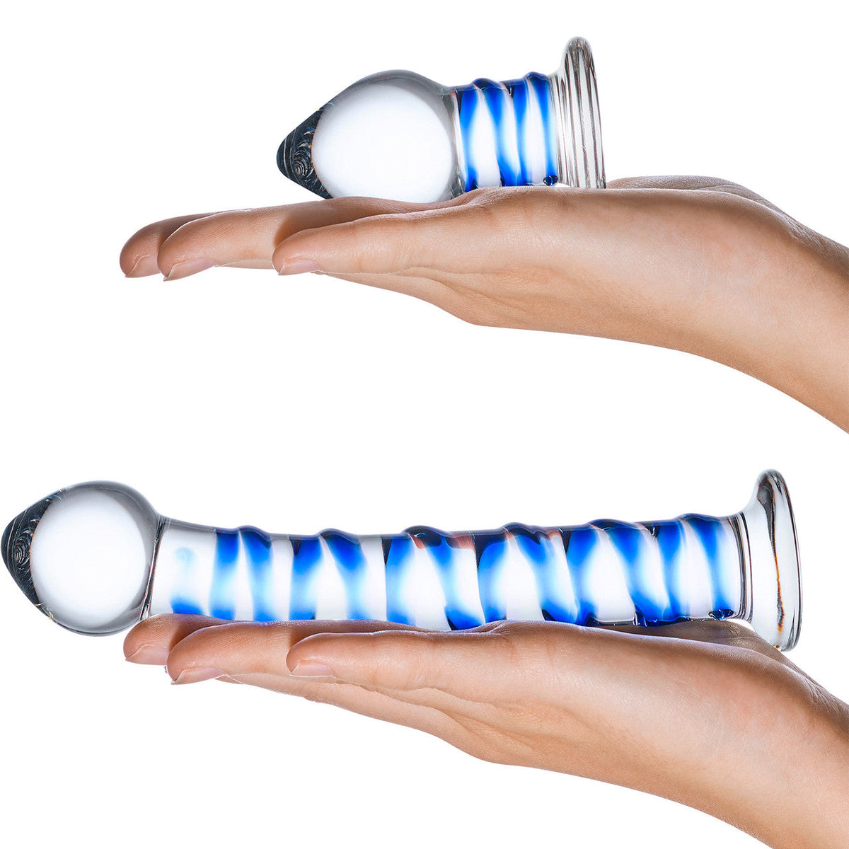 Glas 7.5 Inch and 3 Inch 2pc Double Penetration Blue and Clear Swirly Glass Dildo and Buttplug Set > Glass > Dildos