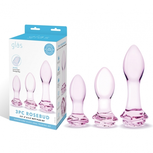 Glas 3PC Rosebud Butt Plug Set Pink Handblown Glass Anal Training Set 3.5, 4.5, and 5.5 Inches > Glass > Toys