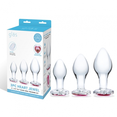 Glas 3 Inch 3.5 Inch 4 Inch 3PC Heart Jewel Clear Glass Anal Training Kit Clear > Sex Toys > Glass