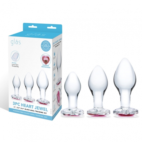 Glas 3 Inch 3.5 Inch 4 Inch 3PC Heart Jewel Clear Glass Anal Training Kit > Sex Toys > Glass