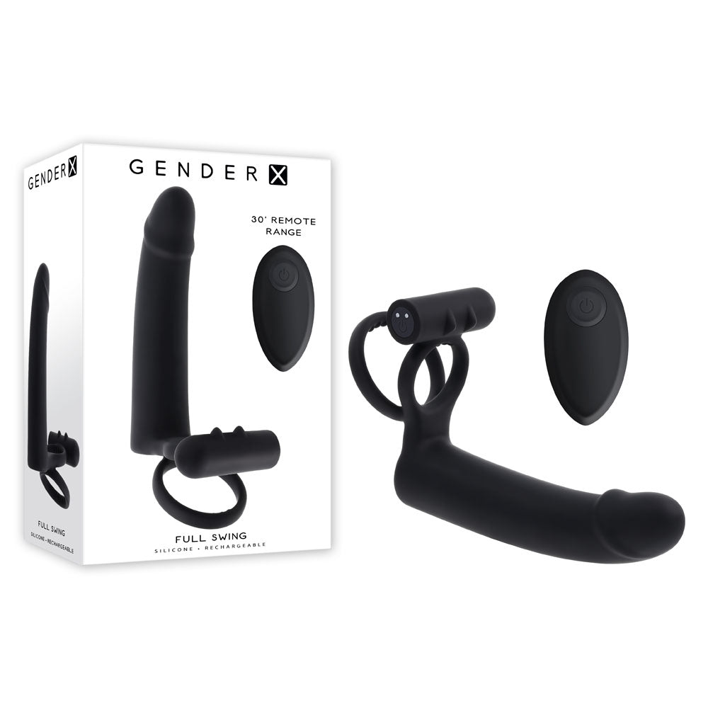 Gender X Full Swing USB Rechargeable Vibrating Cock Ring with Double Penetrator Dildo in Black Black COCK RINGS