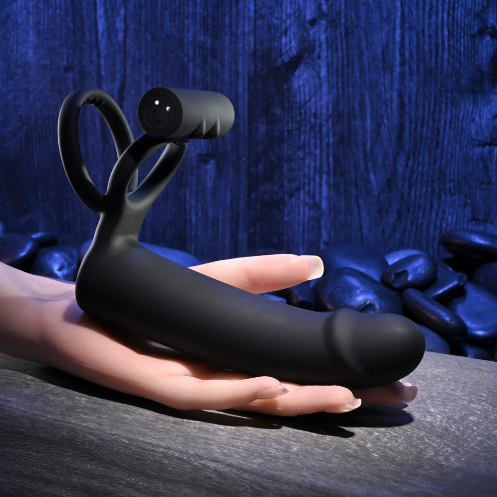 Gender X Full Swing USB Rechargeable Vibrating Cock Ring with Double Penetrator Dildo in Black COCK RINGS