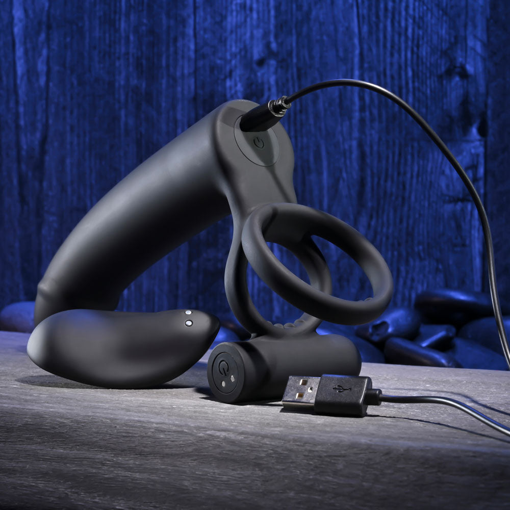 Gender X Full Swing USB Rechargeable Vibrating Cock Ring with Double Penetrator Dildo in Black COCK RINGS