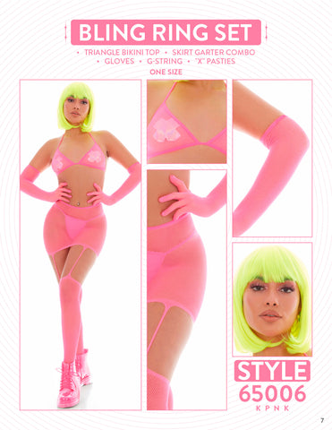Pink Mesh Bling Ring Set with Pasties and Triangle Bikini Top Bodystocking