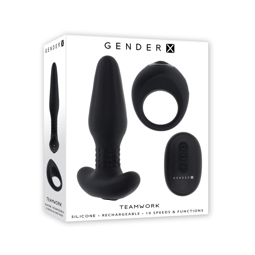 Gender X Teamwork (Black) – Remote-Controlled Vibrating Plug and Ring Set > Anal Range > Vibrating Butt Plugs Main image