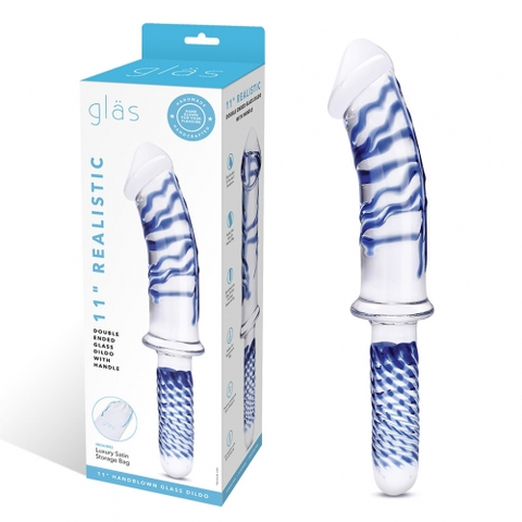Glas 11 Inch Realistic Double Ended Blue and White Glass Dildo With Handle DONGS Glass