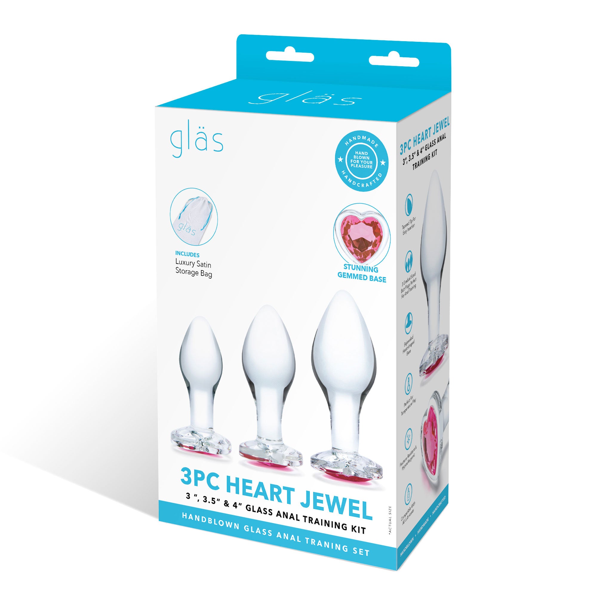 Glas 3 Inch 3.5 Inch 4 Inch 3PC Heart Jewel Clear Glass Anal Training Kit > Glass > Toys
