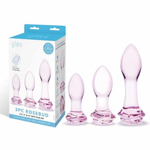 Glas 3PC Rosebud Butt Plug Set Pink Handblown Glass Anal Training Set 3.5, 4.5, and 5.5 Inches GLASS TOYS