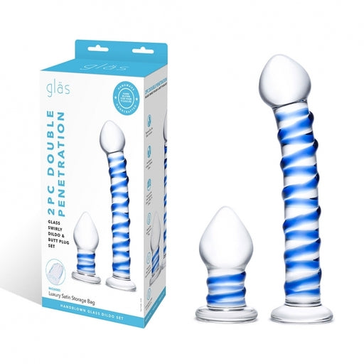 Glas 7.5 Inch and 3 Inch 2pc Double Penetration Blue and Clear Swirly Glass Dildo and Buttplug Set > Glass > Dildos