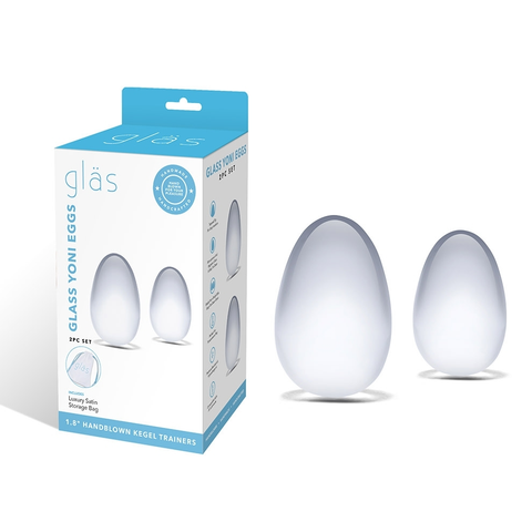 Glas Yoni Eggs 2pc Set Clear Handblown Glass Kegel Trainers with Luxury Satin Storage Bag 1.8 Inch > Sex Toys For Ladies > Kegel Exercise