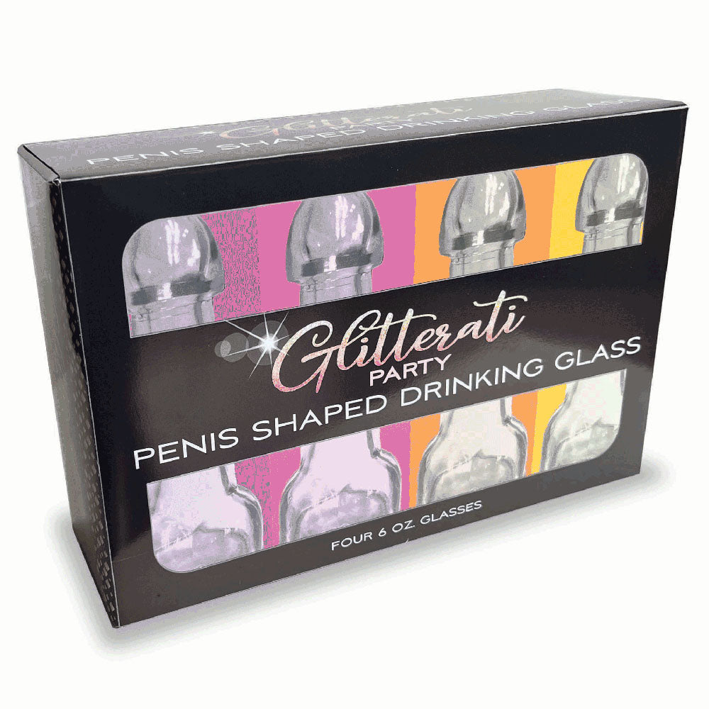 Glitterati Penis Shaped Drinking Glasses Set of Four 6oz Party Favors Clear Bachelor & Bachelorette Items