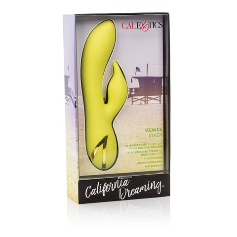 California Dreaming Venice Vixen Yellow Rechargeable Silicone Massager with 10 Vibration Functions and Waterproof Design Yellow VIBRATORS-RABBIT