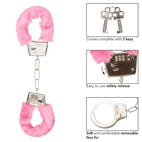 Playful Furry Cuffs Pink Plush Faux Fur Covered Adjustable Handcuffs with Lock and Keys > Bondage Gear > Restraints
