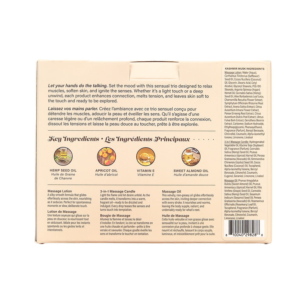 Hemp Seed Tranquility Trio Kashmir Musk – 3-Piece Scented Massage Kit > Essentials > Massage Gift Set