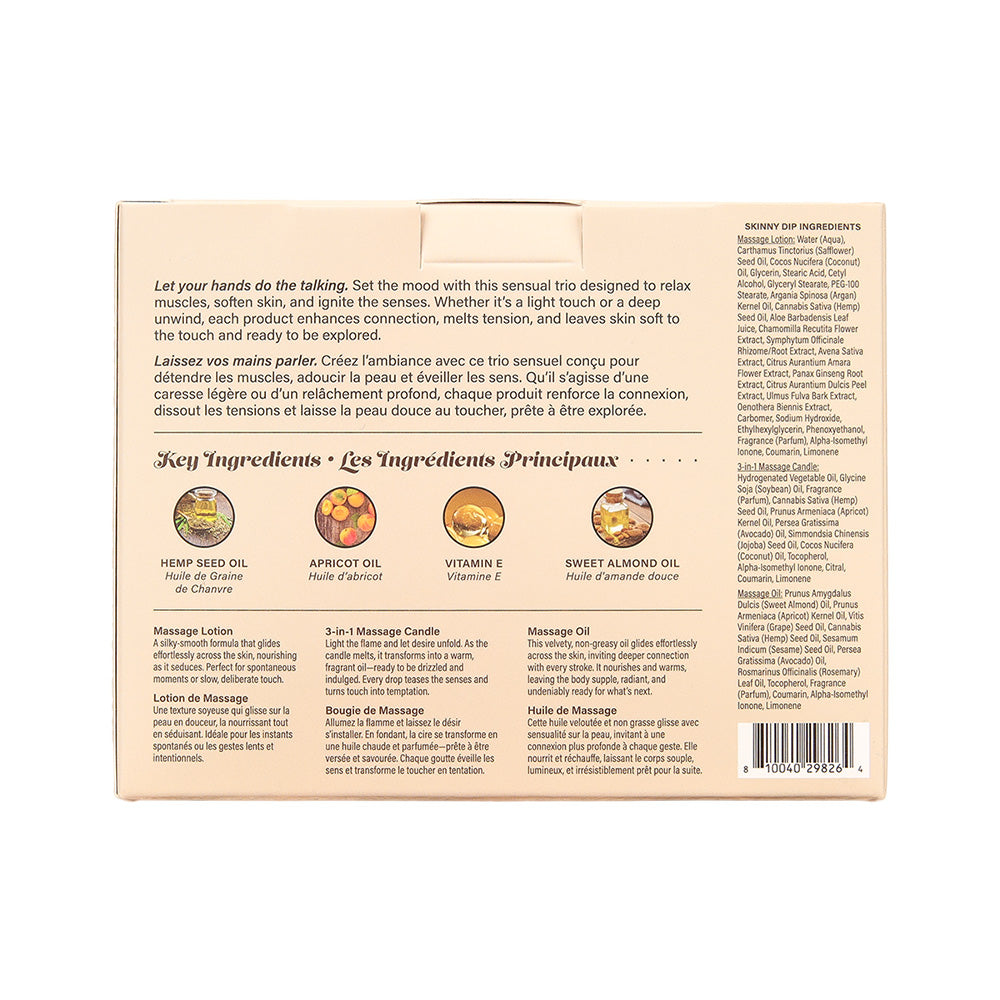 Hemp Seed Tranquility Trio – Skinny Dip Scented Massage and Caress Kit 3 Piece > Essentials > Massage Gift Set