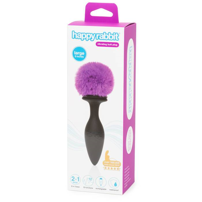 Happy Rabbit Rechargeable Vibrating Large Butt Plug Black with Purple Faux Fur Tail Tails