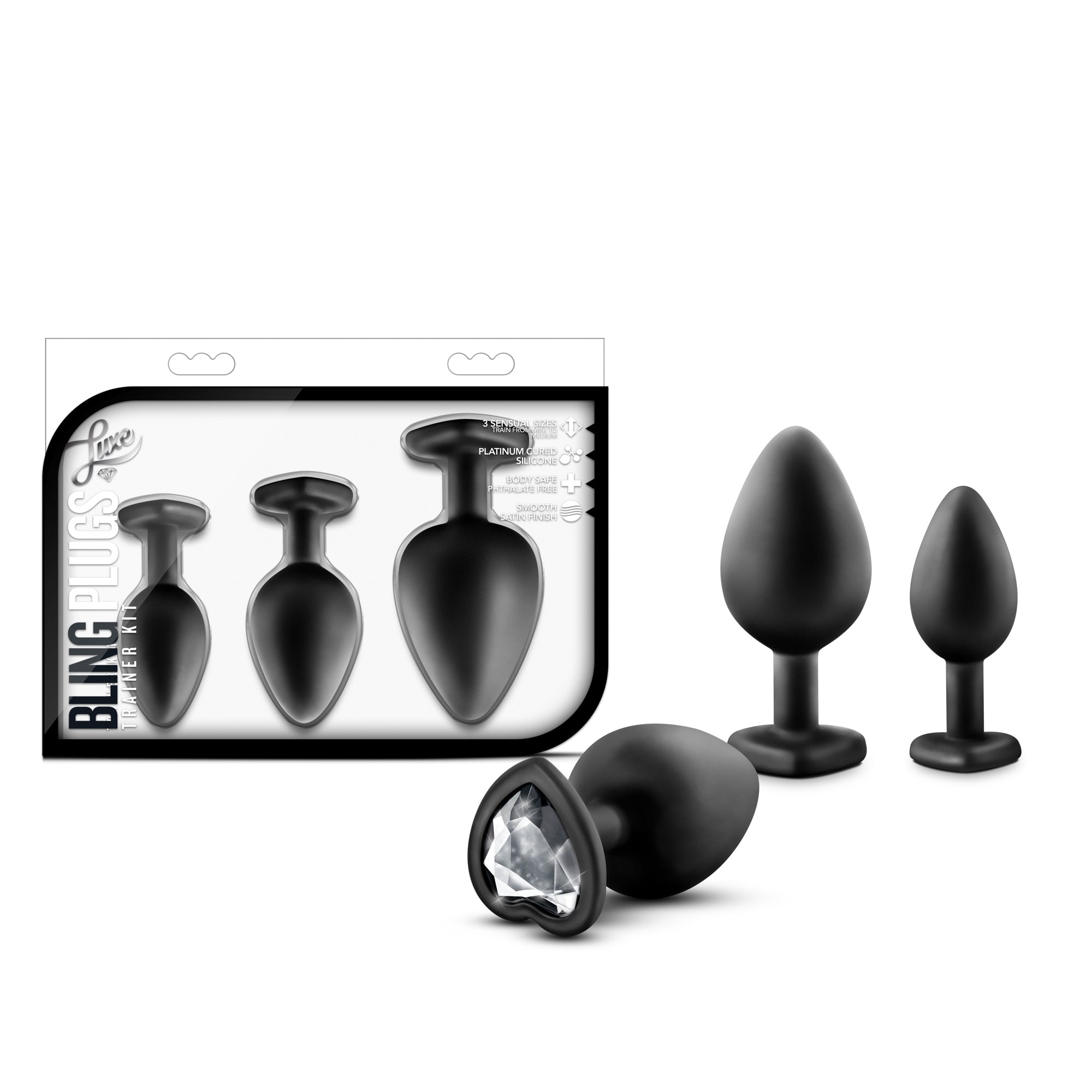 Luxe Bling Plugs Training Kit Black With Clear Gems - 3 Sizes Black > Anal Range > Butt Plug Kits
