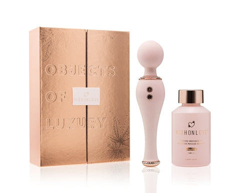 HighOnLove Objects of Luxury Gift Set with CBD Sensual Massage Oil and Bedazzled Silicone Body Wand Massage Gift Set