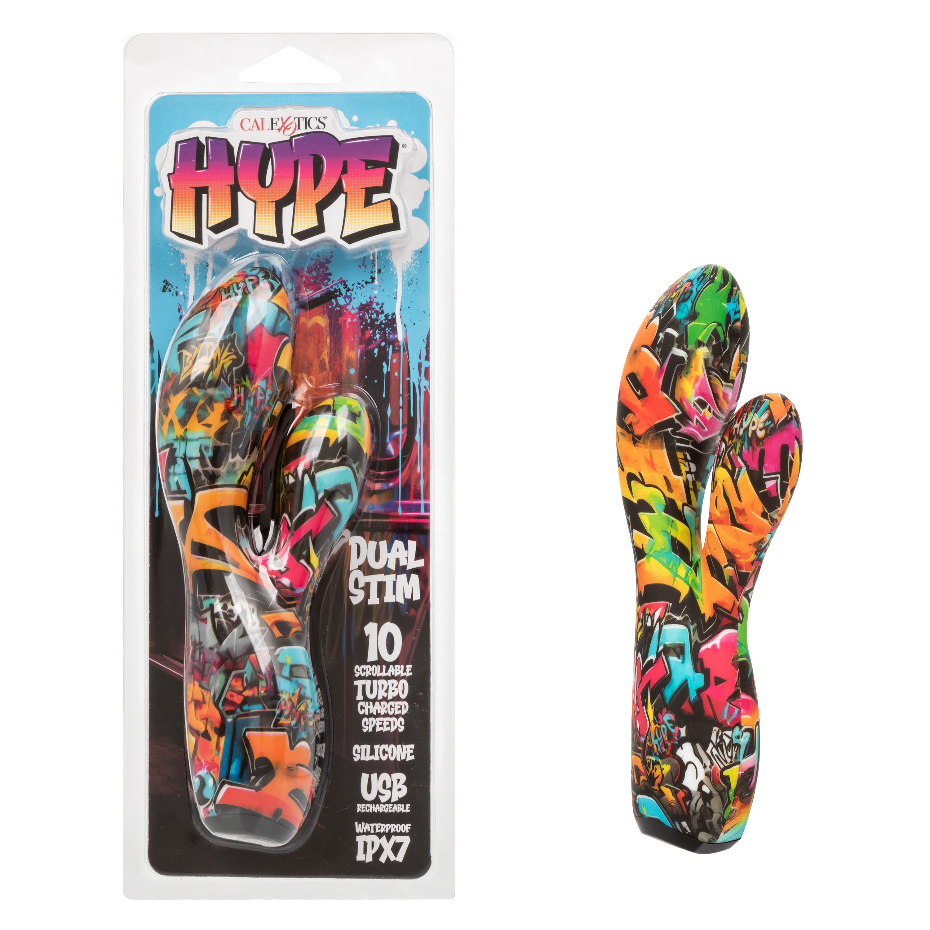 Hype Dual Stim Rechargeable Waterproof Silicone Massager with 10 Turbo Charged Speeds in Colorful Graffiti Design VIBRATORS-RABBIT