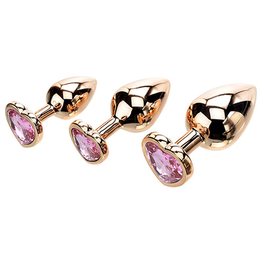 Adam & Eve Heart Gem Anal Training Set (Rose Gold Pink) – Metal Anal Plug Set of 3 Sizes > Anal Range > Jewel Butt Plugs Main image