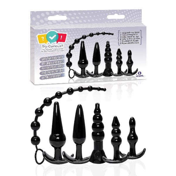 Try-Curious Anal Plug Kit (Black) – Set of 6 Body-Safe Anal Plugs > Anal Range > Butt Plug Kits