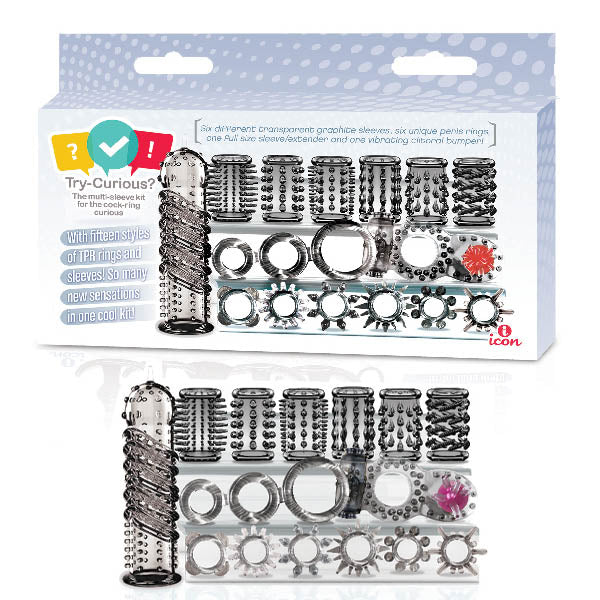 Try-Curious Cock Ring and Sleeve Set Clear – 15 Piece TPR Cock Ring and Sleeve Kit > Cock Ring > Sets Main image