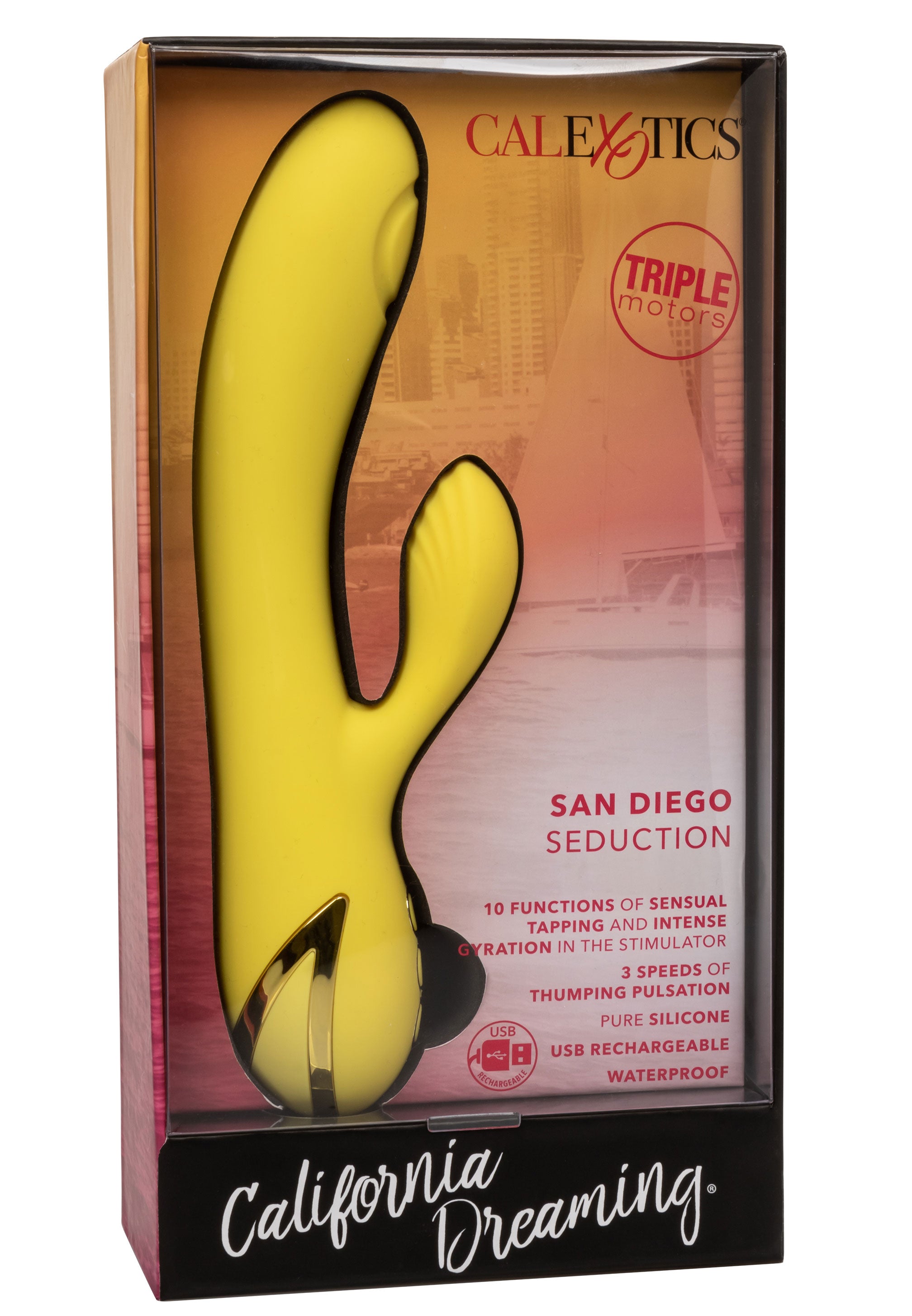 California Dreaming San Diego Seduction Yellow Silicone Dual-Action Massager with Triple Motors and 10 Functions > Vibrators > Ladies > Rabbit