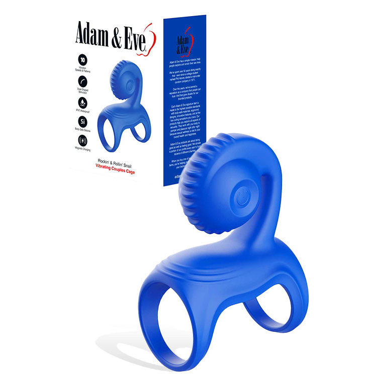 Adam & Eve Rockin and Rollin Snail – USB Rechargeable Couples Vibrator Cage Blue Cock Rings Vibrating