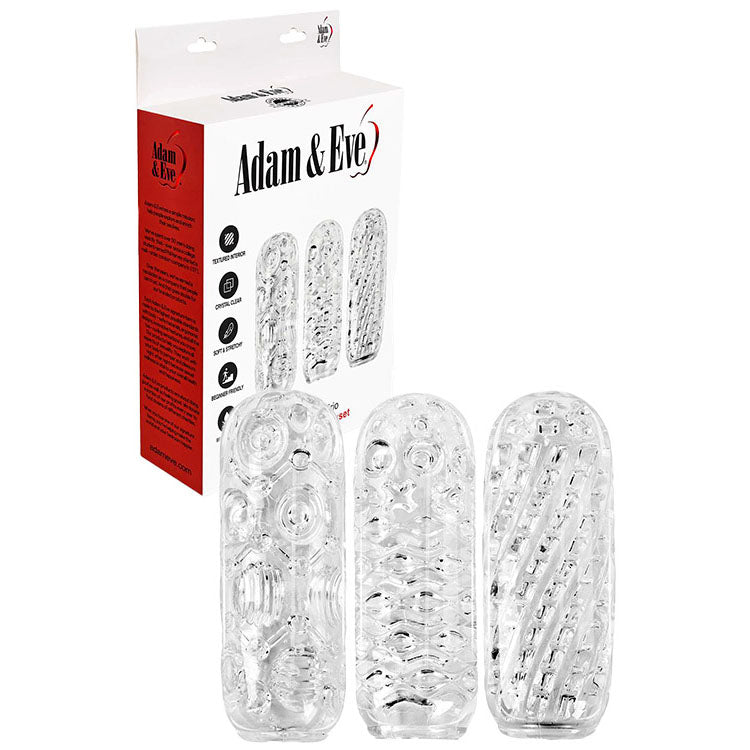 Adam & Eve Crystal Trio – 3 Pack Textured Strokers Clear > Sex Toys For Men > Masturbators Cup