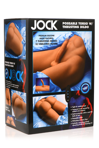 Jock Poseable Torso with Thrusting Dildo Medium Skin Tone 7 Inch Silicone Thrusting and Vibrating Male Torso with Remote Control and Accessories DOLLS
