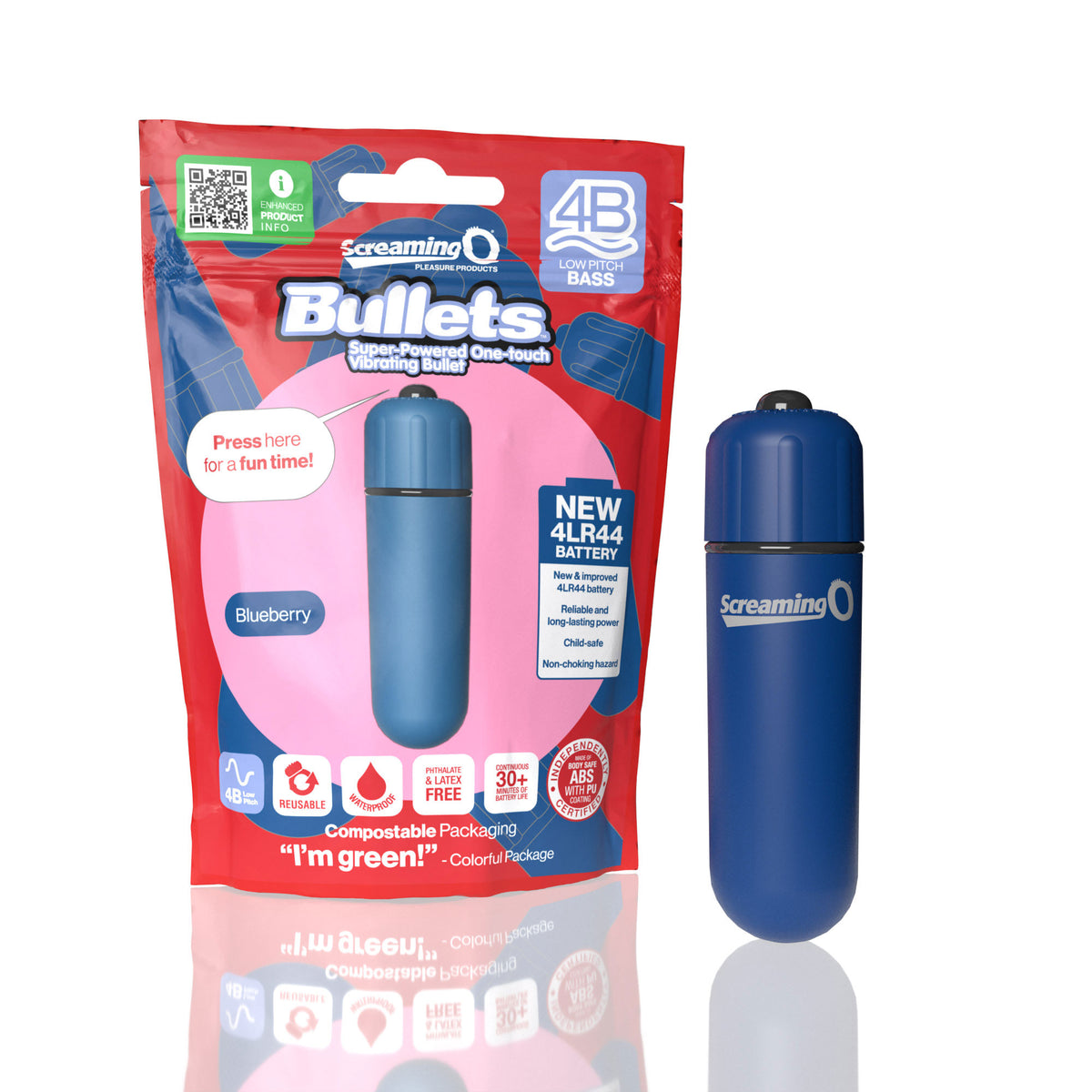 Screaming O Bullets 4B – Low Pitch Bass Vibrator with 4LR44 Batteries and Silky Finish Blue > Vibrators > Mini Vibrators