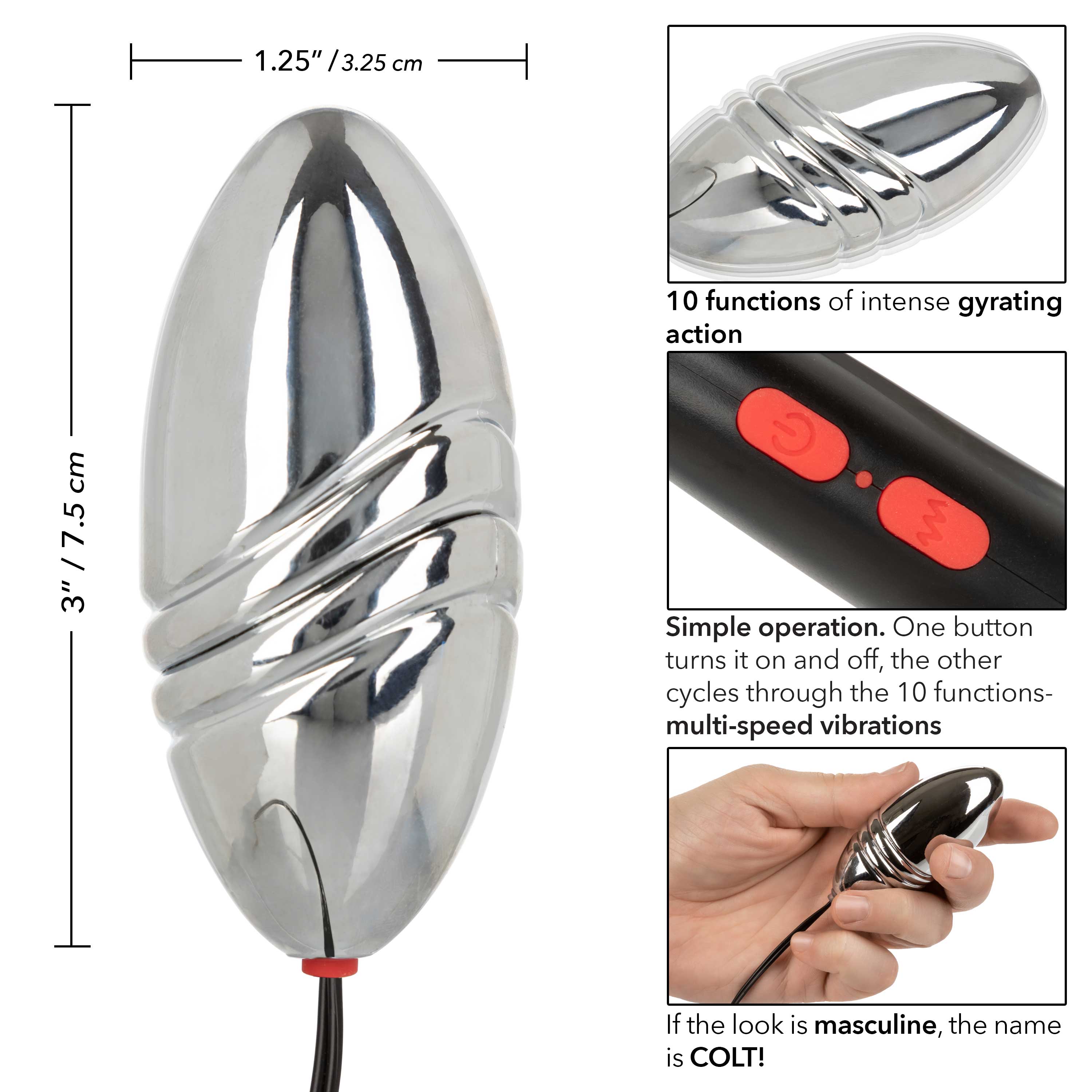 Colt Rechargeable Turbo Bullet Silver with 10 Functions and USB Charging BULLETS
