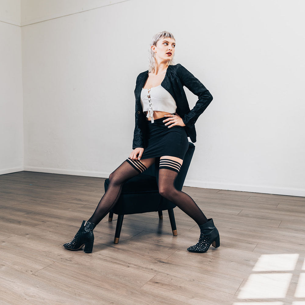 Kixies Lois With Back Seam Thigh Highs (Black) – Sheer Stockings > Clothes > Hosiery > Stockings