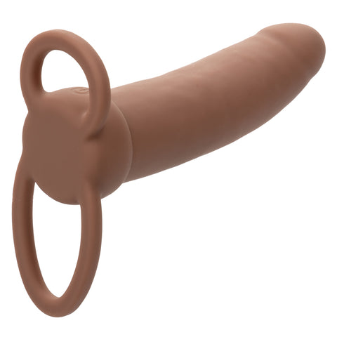 Performance Maxx Rechargeable Thick Dual Penetrator 5 Inch Brown Liquid Silicone with USB Charging and Scrotum Ring Vibrators