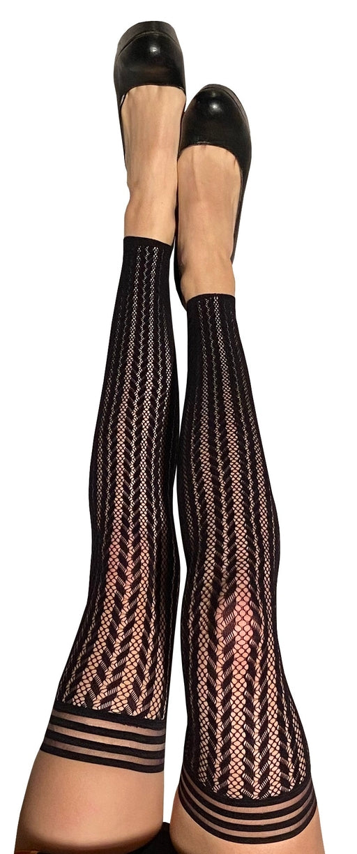 Kixies Lindsay Footless Fishnet Black Thigh High Tights Size D Hosiery