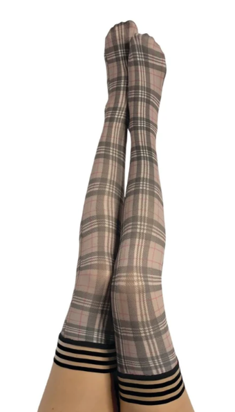 Kixies Lori Size D Tan and Black Plaid Thigh-High Stockings Hosiery