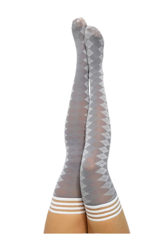 Kixies Par 4 Grey Argyle Thigh-High Stockings Size D Hosiery