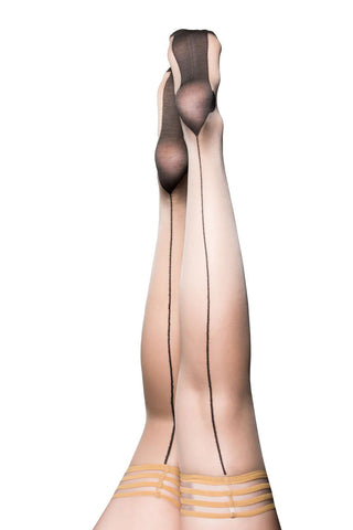 Kixies Ruby Nude Sheer Thigh Highs with Black Back Seam and Cuban Heel Size C Hosiery