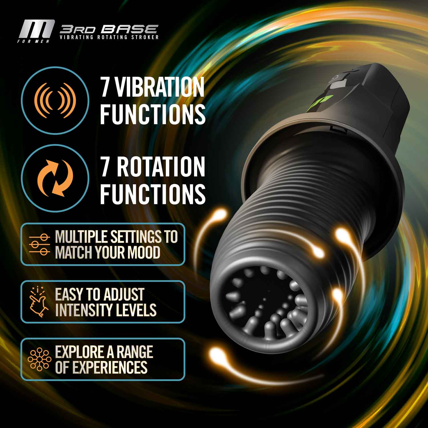 M For Men 3rd Base Oral Stroker Black Ergonomic Handle Adult Intimacy Toy Strokers - Manual