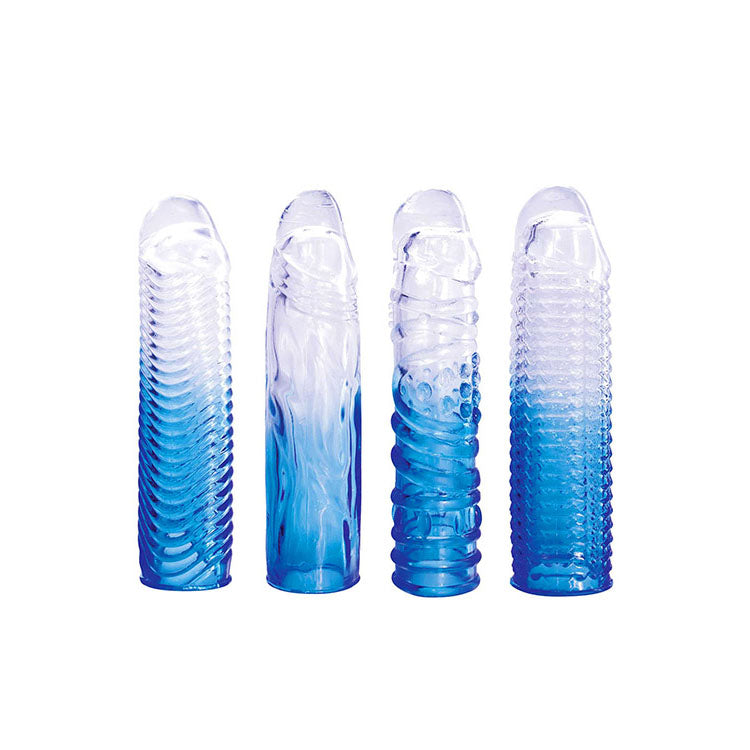 Adam & Eve Sapphire Sleeve Set – Clear Penis Sleeve Set of 4 Blue > Sex Toys For Men > Penis Sleeves Main image