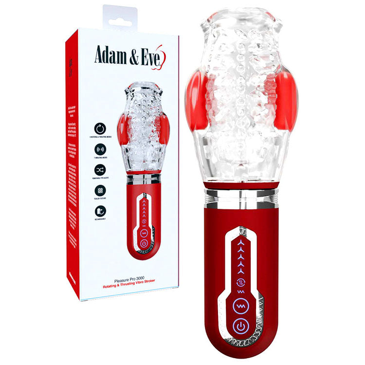Adam & Eve Pleasure Pro 3000 (Red) – USB Rechargeable Thrusting Rotating Stroker Clear > Sex Toys For Men > Masturbators Premium