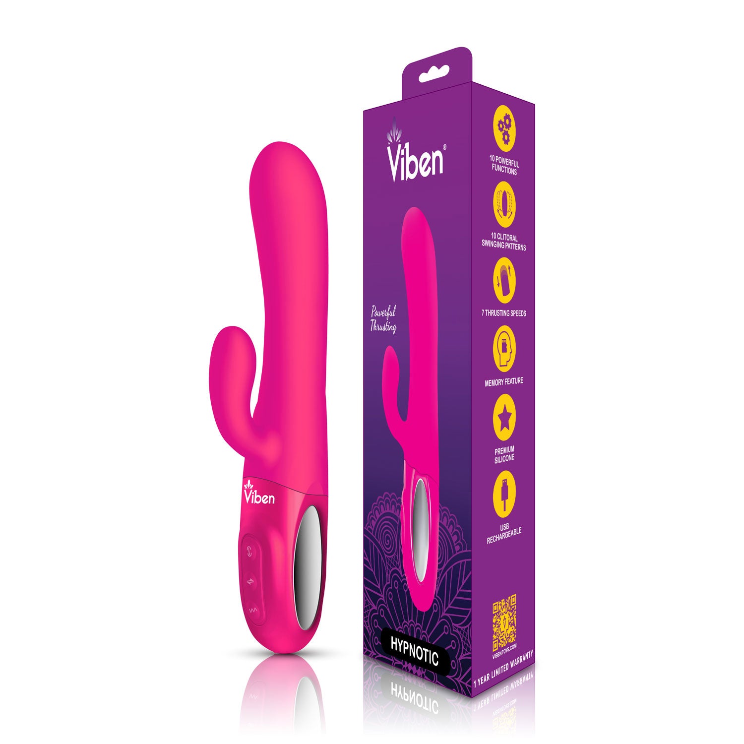 Viben Hypnotic Thrusting Rabbit Vibrator with Swinging Clitoral Stimulator in Hot Pink > Vibrators > Ladies > Rabbit