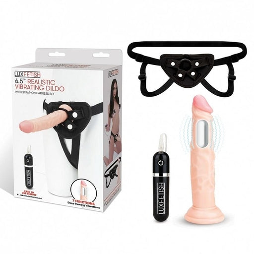 Lux Fetish 6.5 Inch Realistic Flesh Vibrating Dildo with Black Adjustable Strap-on Harness Default Title STRAP-ONS