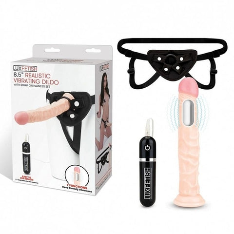 Lux Fetish 8.5 Inch Realistic Vibrating Dildo and Black Strap-On Harness Set Default Title STRAP-ONS