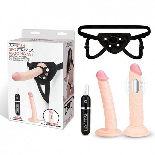 Lux Fetish 3 PC Strap-On Pegging Set With 6.5 Inch Realistic Vibrating Dildo and 6 Inch Slim Anal Dildo Secondary image